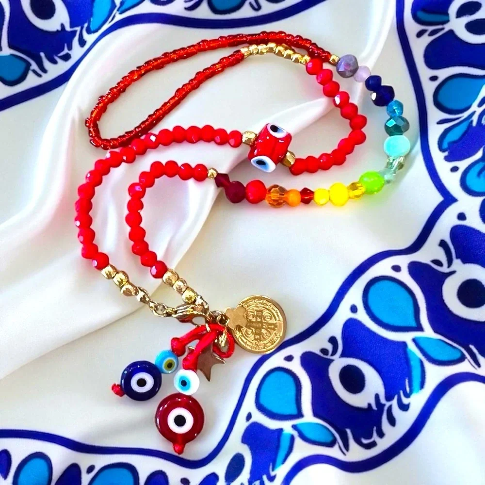 Vibrant Red Hand Beaded Rainbow and Evil Eye Protection Necklace 16”